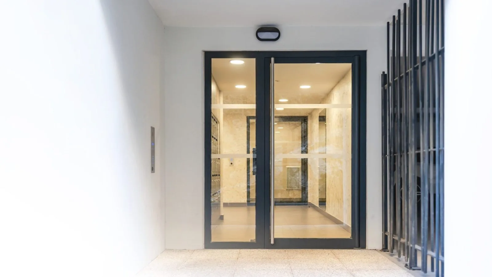 Porte de hall d'entrée acier vitrée motorisée, avec platine de rue et bâton de maréchal, S2M