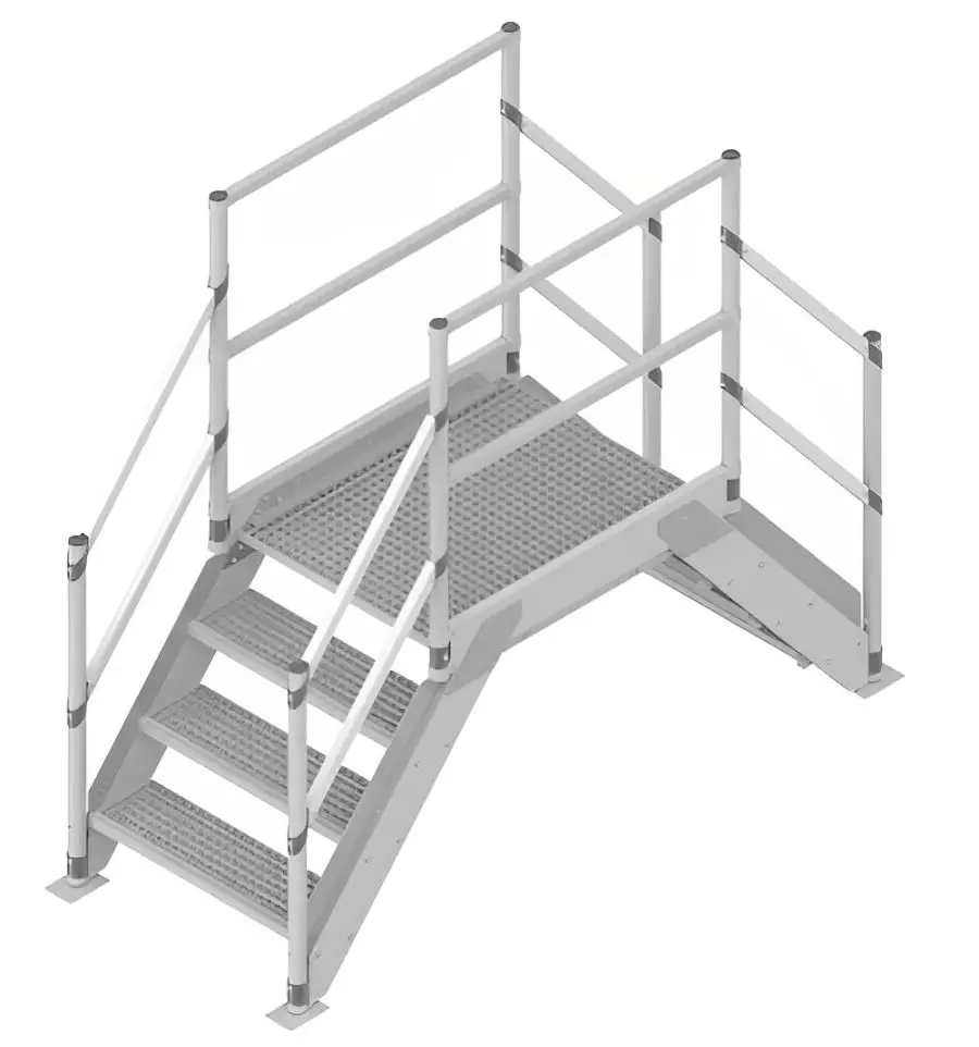 Saut-de-loup industriel en caillebotis acier avec escalier et garde-corps